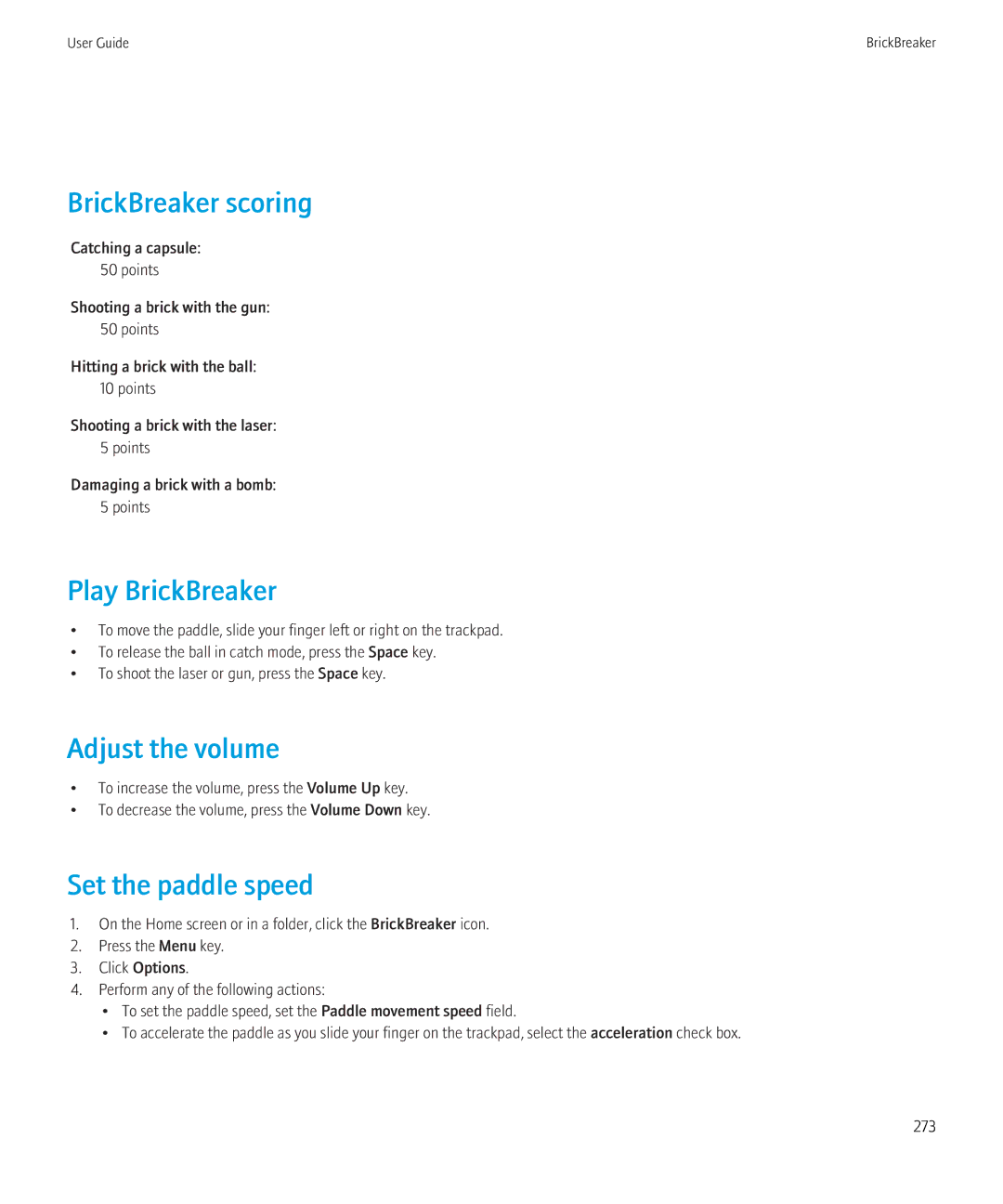 Blackberry 8520 manual BrickBreaker scoring, Play BrickBreaker, Adjust the volume, Set the paddle speed 