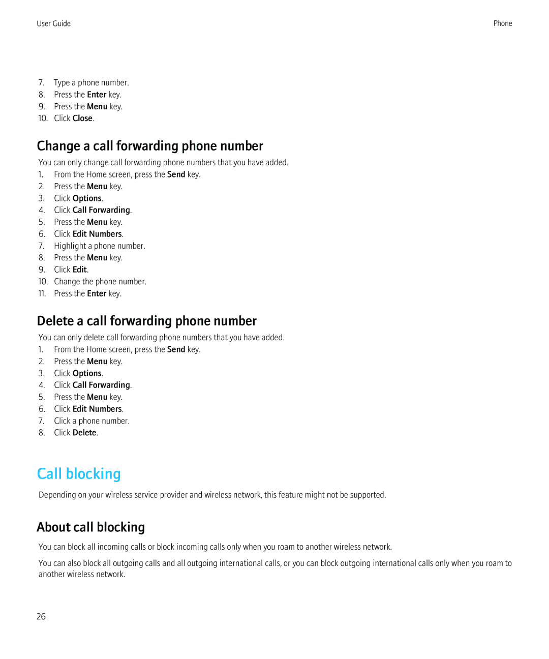 Blackberry 8520 manual Call blocking, Change a call forwarding phone number, Delete a call forwarding phone number 