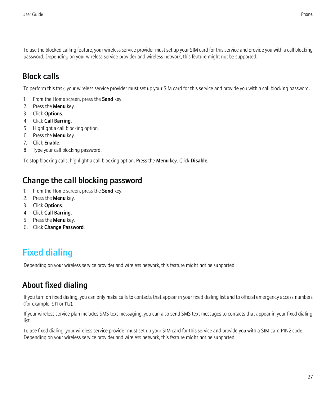 Blackberry 8520 manual Fixed dialing, Block calls, Change the call blocking password, About fixed dialing 