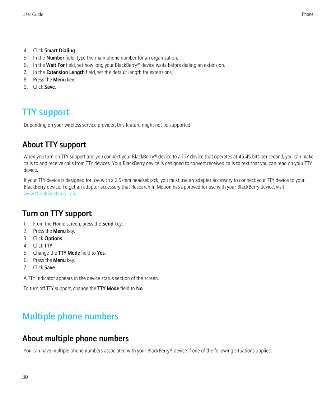 Blackberry 8520 manual Multiple phone numbers, About TTY support, Turn on TTY support, About multiple phone numbers 