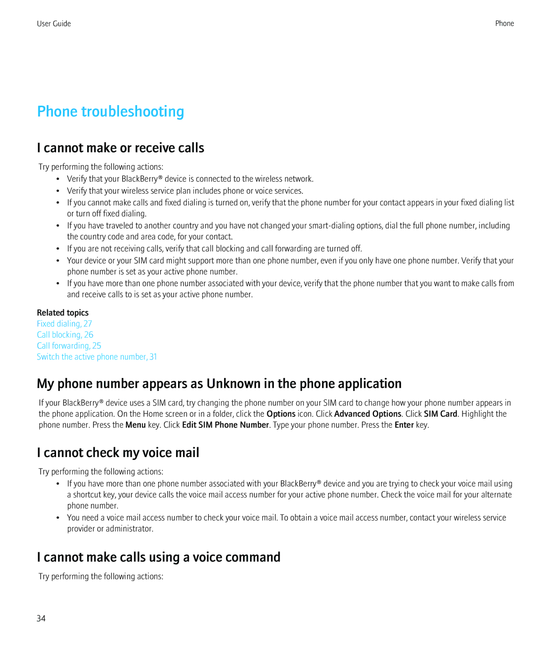 Blackberry 8520 manual Phone troubleshooting, Cannot make or receive calls, Cannot check my voice mail 