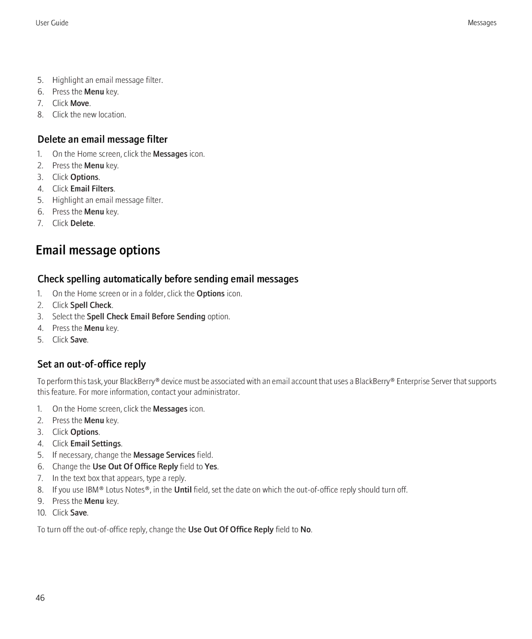 Blackberry 8520 manual Email message options, Delete an email message filter, Set an out-of-office reply 