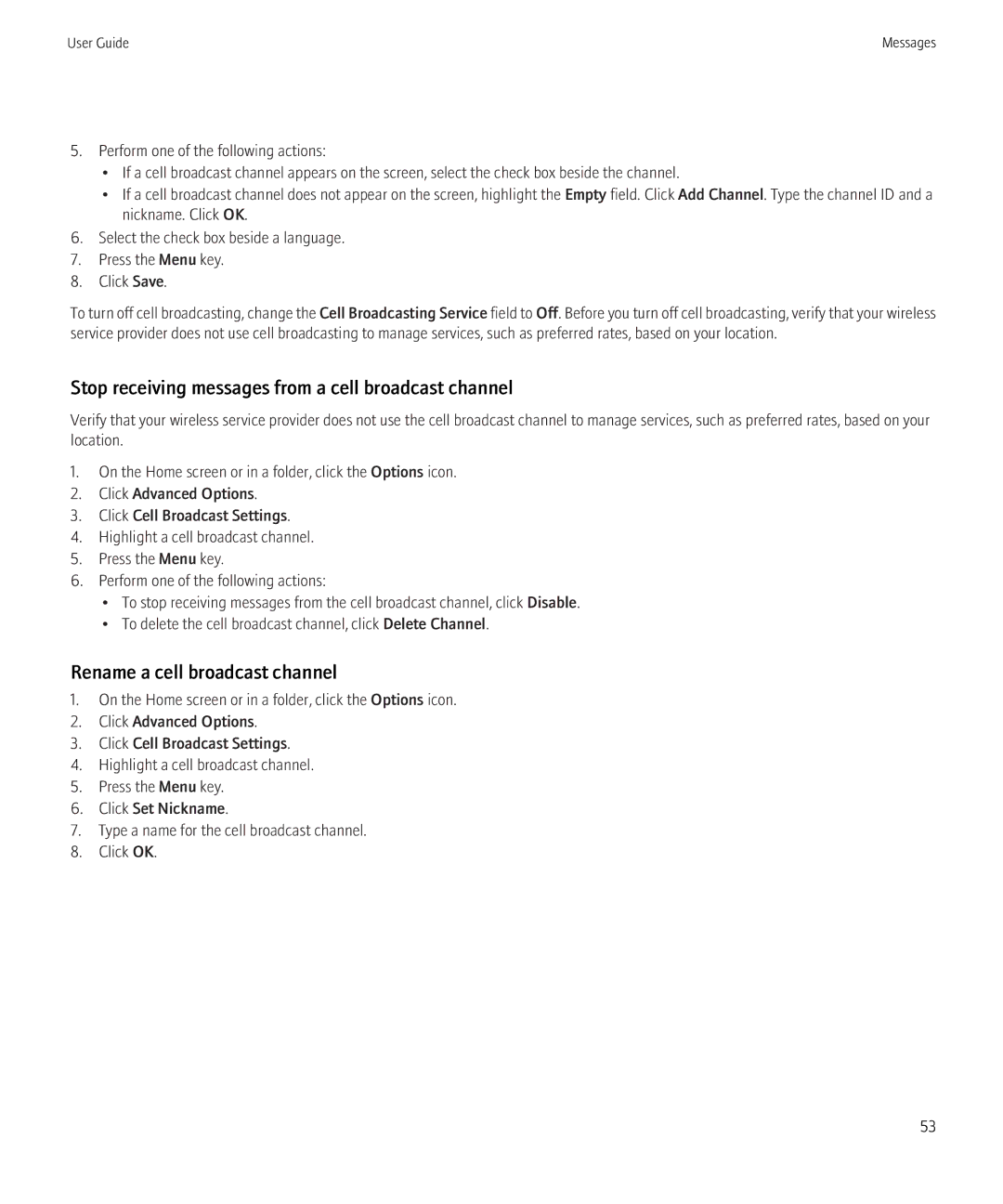 Blackberry 8520 manual Stop receiving messages from a cell broadcast channel, Rename a cell broadcast channel 