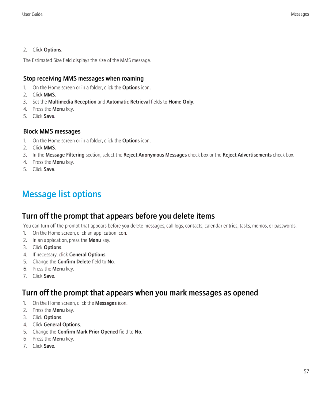 Blackberry 8520 manual Message list options, Stop receiving MMS messages when roaming, Block MMS messages 