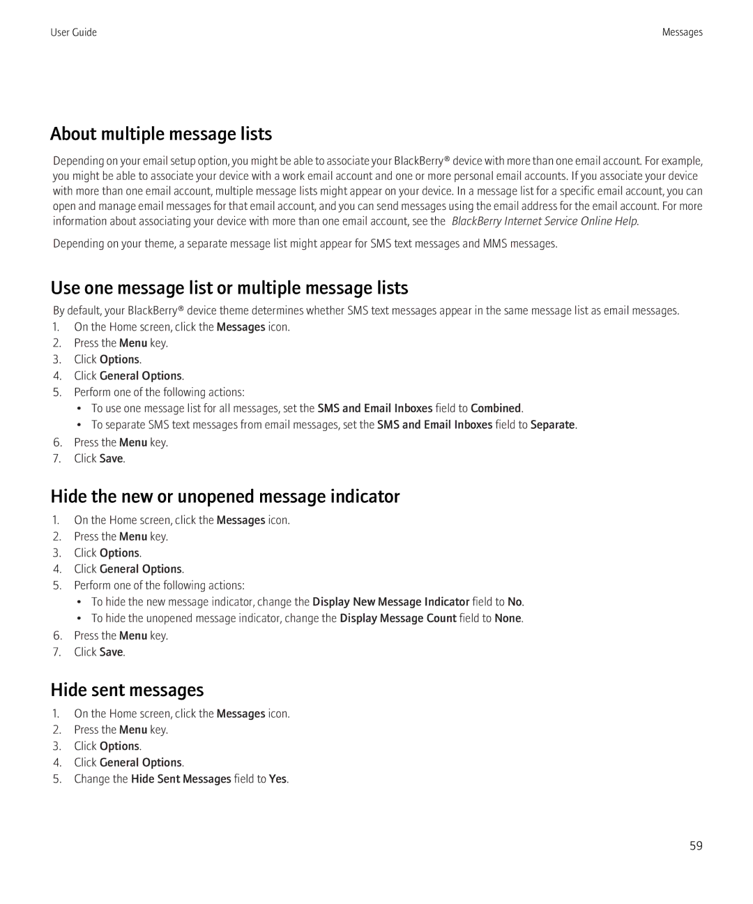 Blackberry 8520 manual About multiple message lists, Use one message list or multiple message lists, Hide sent messages 