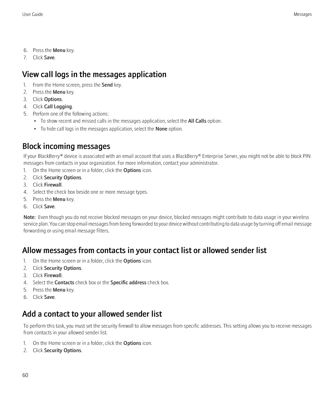 Blackberry 8520 manual Block incoming messages, Add a contact to your allowed sender list 