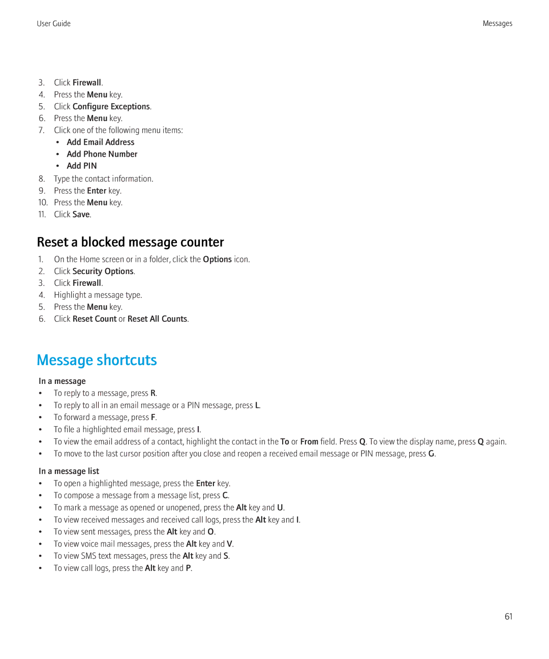 Blackberry 8520 manual Message shortcuts, Reset a blocked message counter 