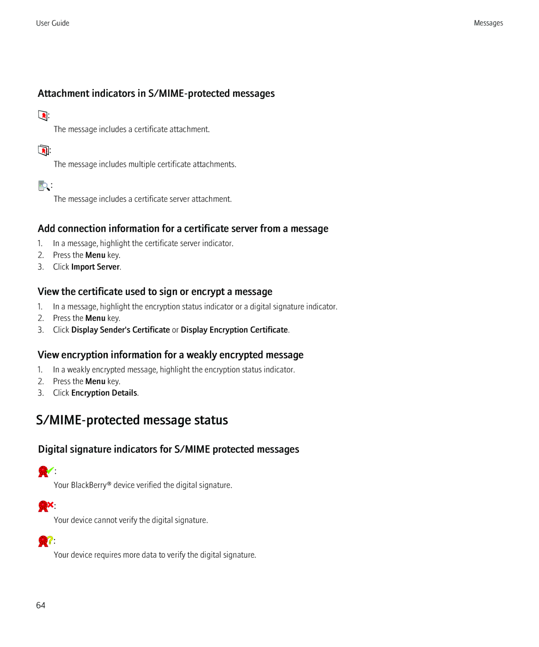 Blackberry 8520 manual MIME-protected message status, Attachment indicators in S/MIME-protected messages 