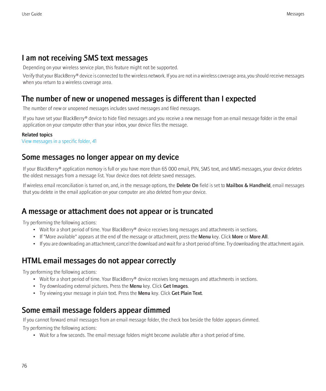Blackberry 8520 manual Am not receiving SMS text messages, Some messages no longer appear on my device 
