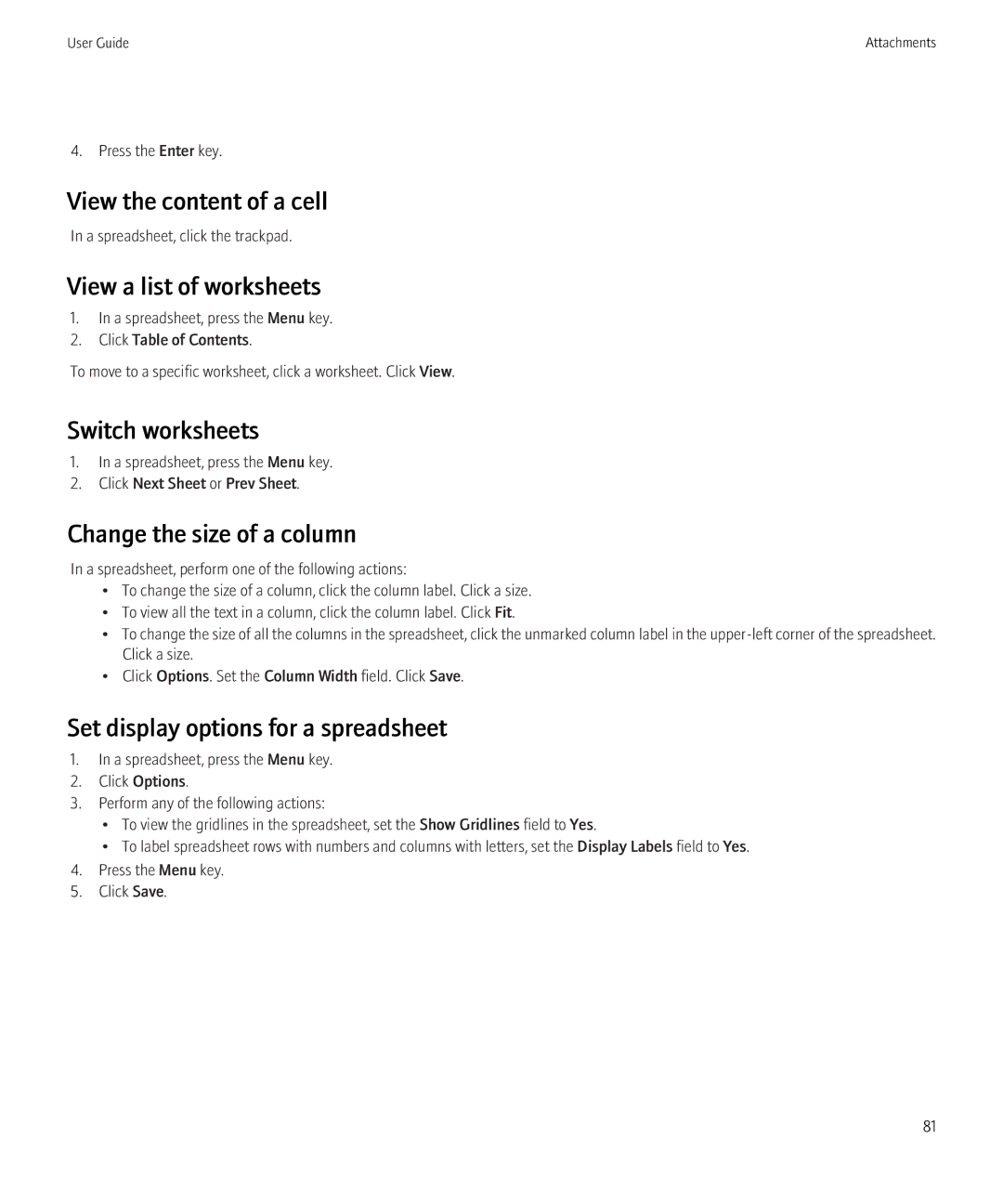 Blackberry 8520 View the content of a cell, View a list of worksheets, Switch worksheets, Change the size of a column 