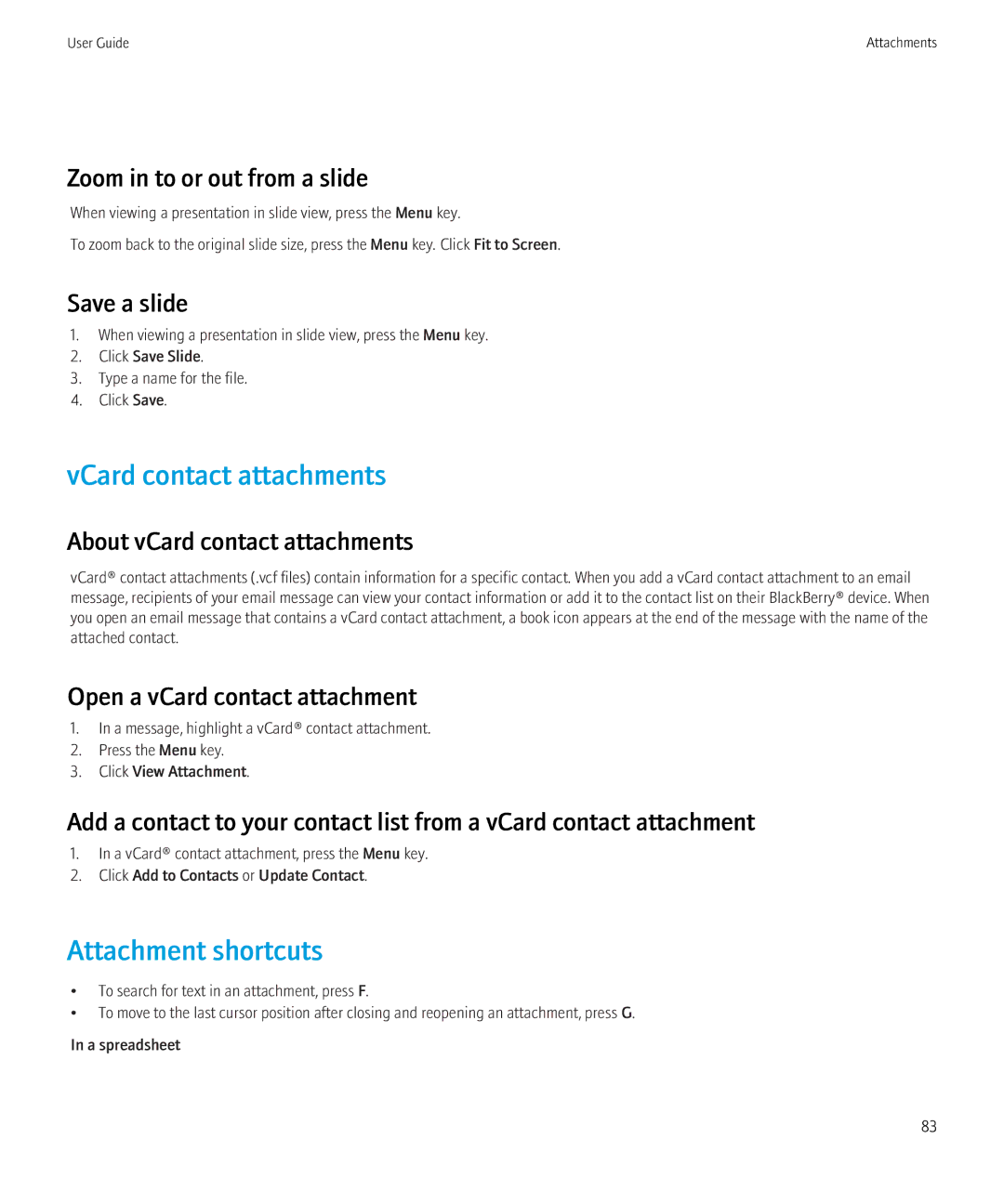 Blackberry 8520 VCard contact attachments, Zoom in to or out from a slide, Save a slide, About vCard contact attachments 