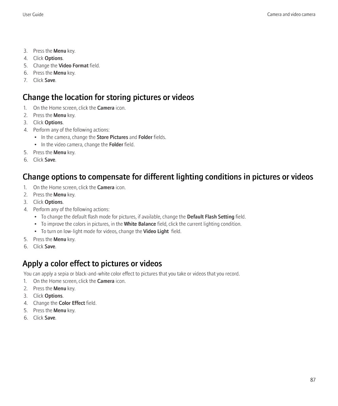 Blackberry 8520 manual Change the location for storing pictures or videos, Apply a color effect to pictures or videos 