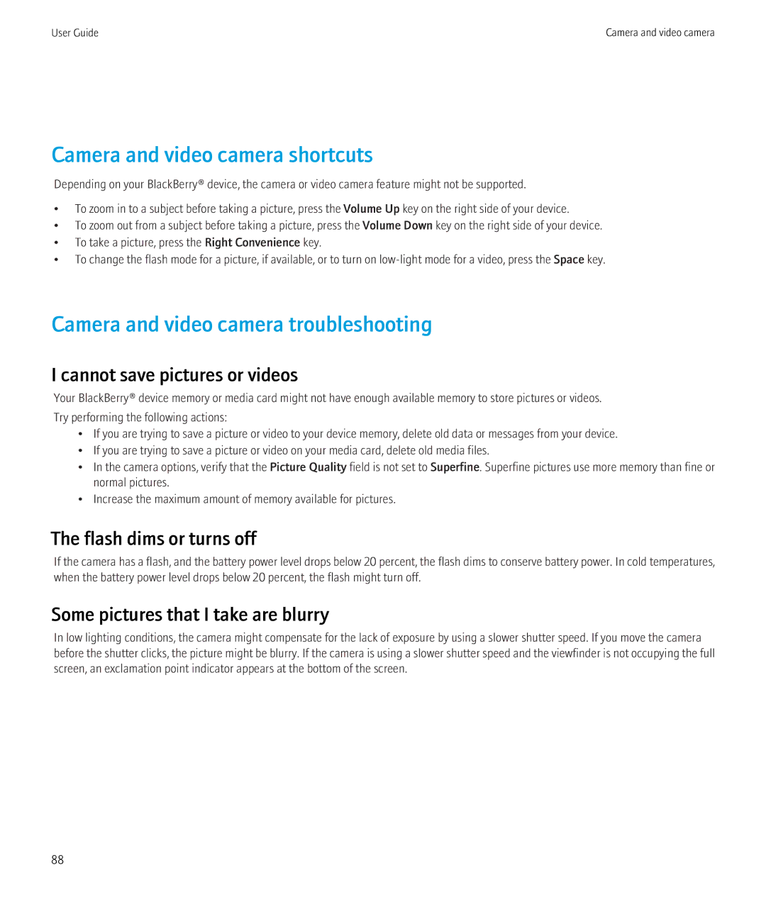Blackberry 8520 manual Camera and video camera troubleshooting, Cannot save pictures or videos, Flash dims or turns off 