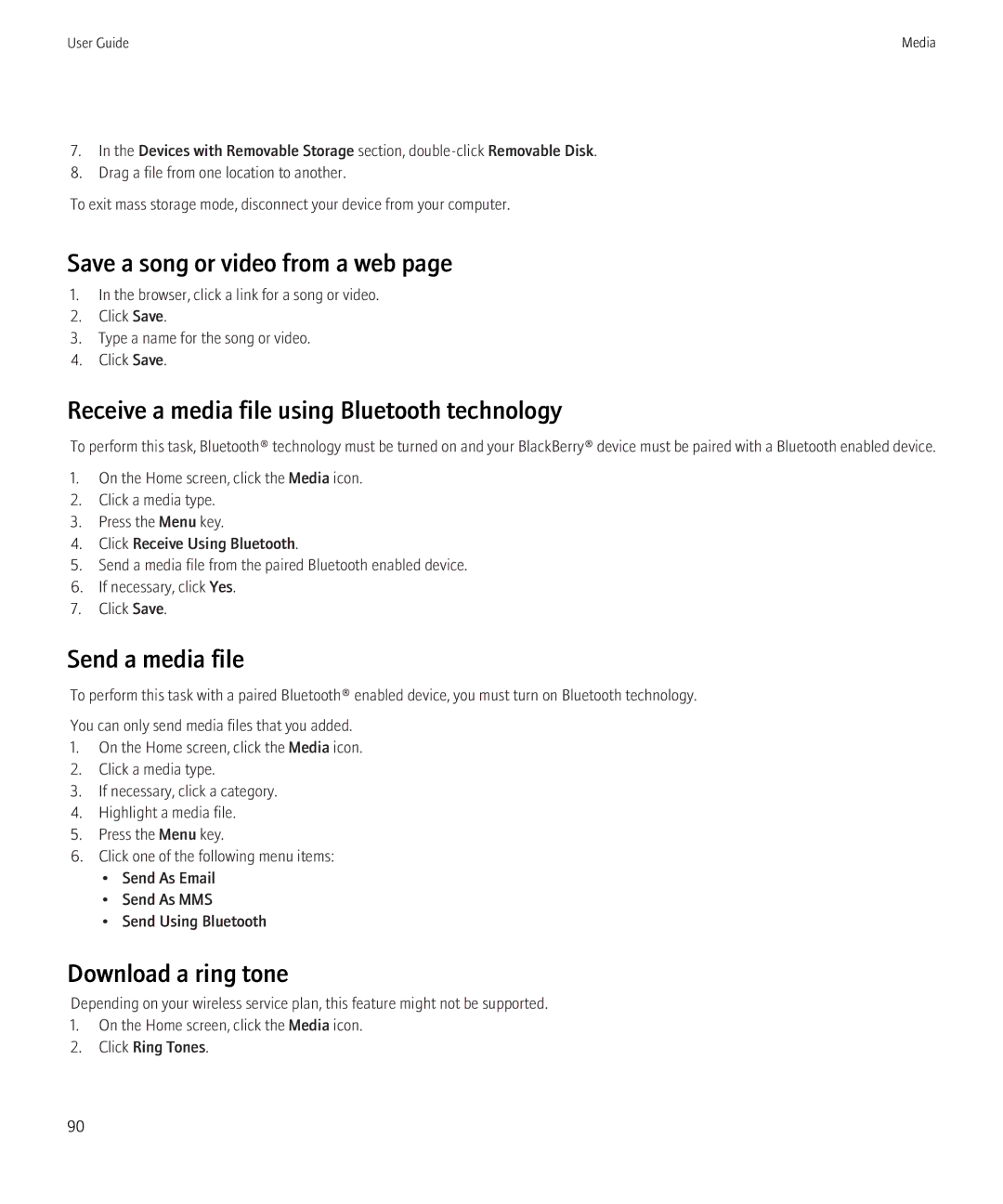 Blackberry 8520 manual Save a song or video from a web, Receive a media file using Bluetooth technology, Send a media file 