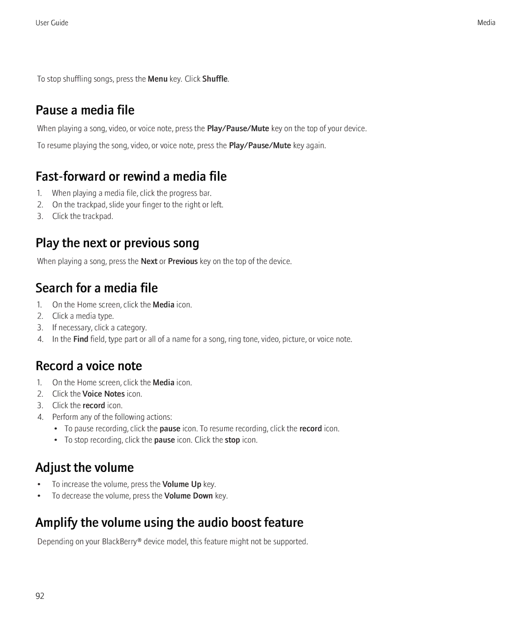 Blackberry 8520 manual Pause a media file, Fast-forward or rewind a media file, Play the next or previous song 