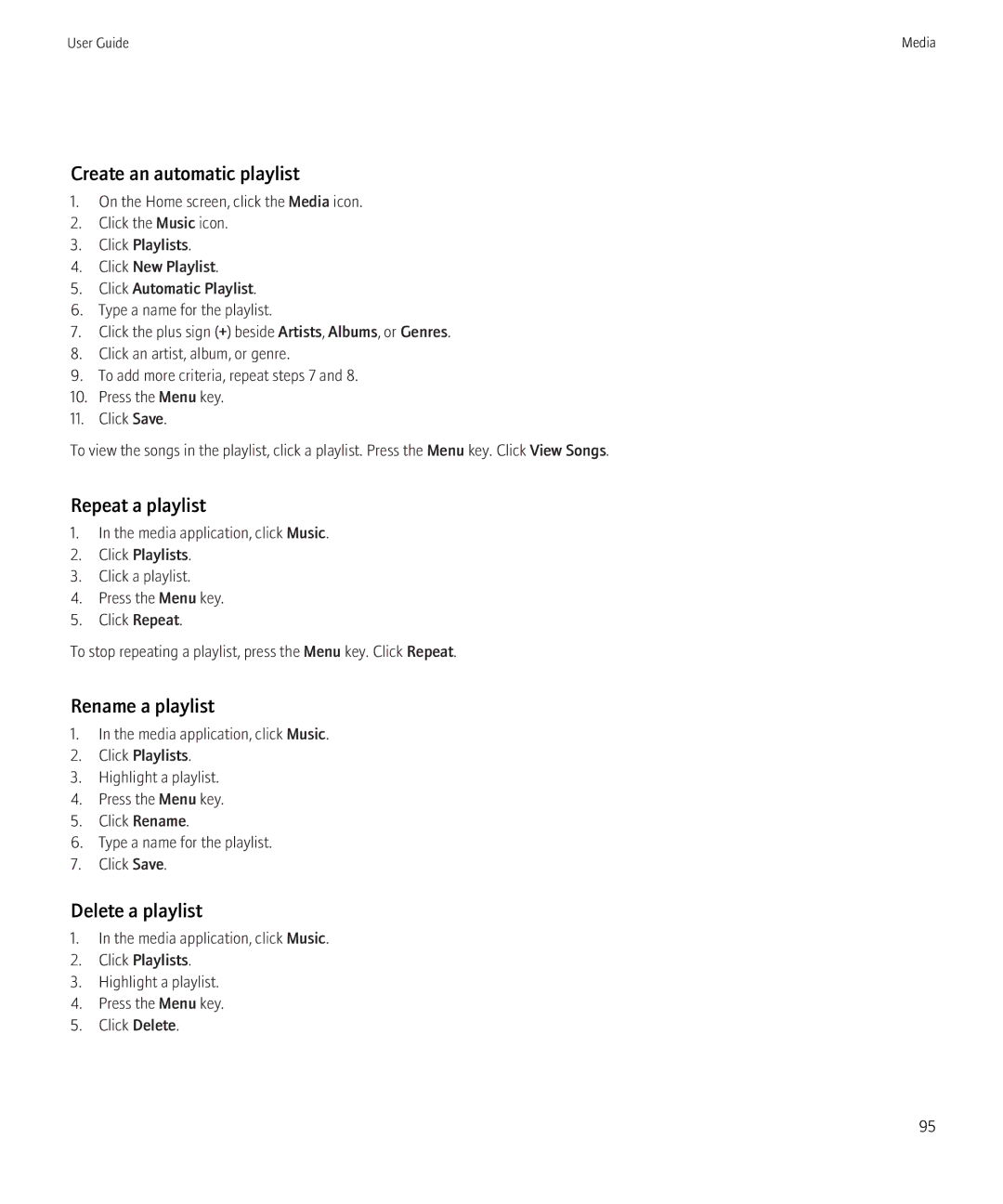 Blackberry 8520 manual Create an automatic playlist, Repeat a playlist, Rename a playlist, Delete a playlist 