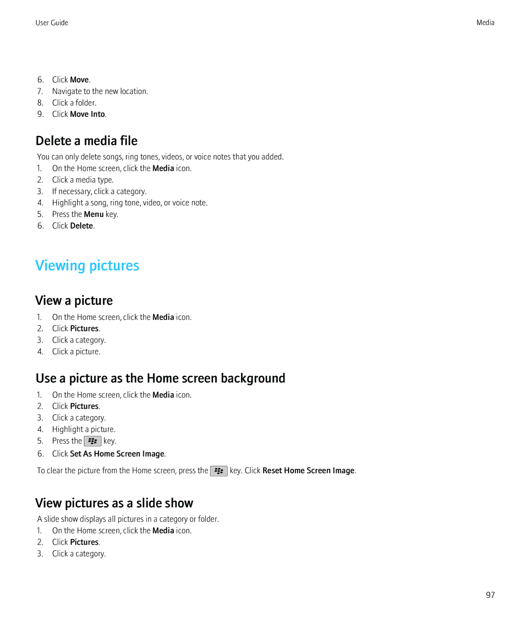 Blackberry 8520 manual Viewing pictures, Delete a media file, View a picture, Use a picture as the Home screen background 