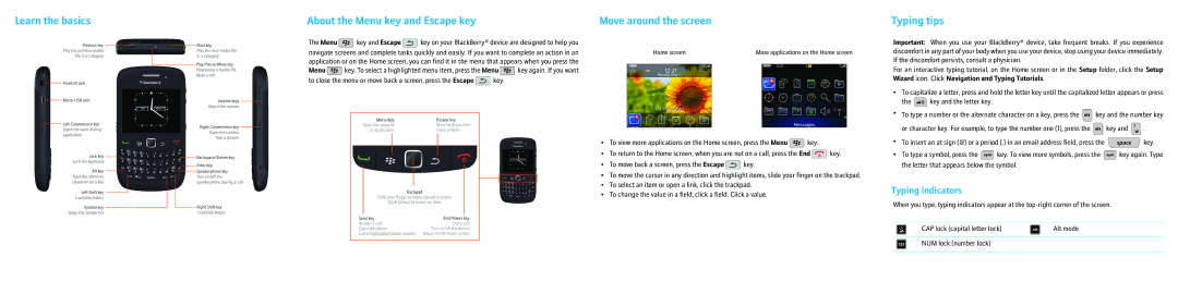 Blackberry 8500, 8530 warranty Typing tips, Typing indicators, Menu Key and Escape 