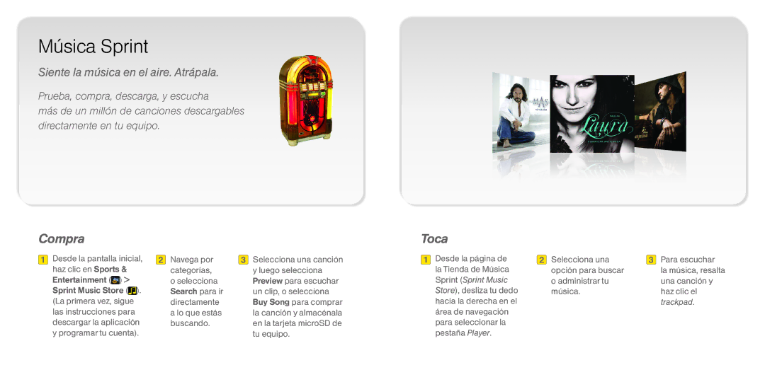 Blackberry 8530 manual Música Sprint, Compra, Toca, Siente la música en el aire. Atrápala 