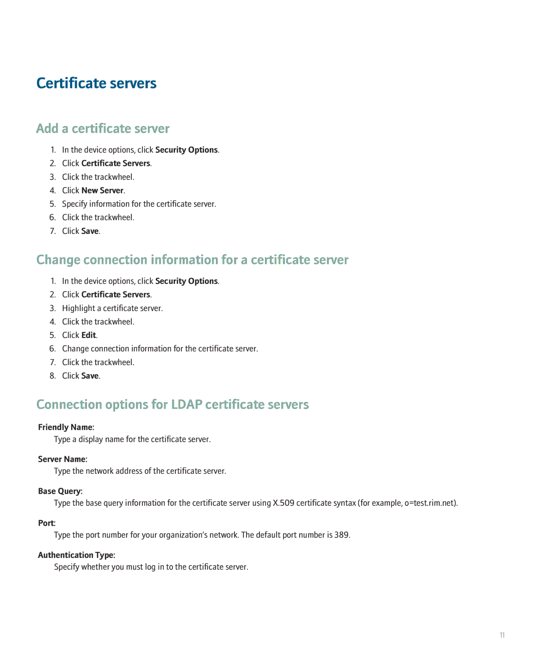 Blackberry 8700 Series Certificate servers, Add a certificate server, Connection options for Ldap certificate servers 