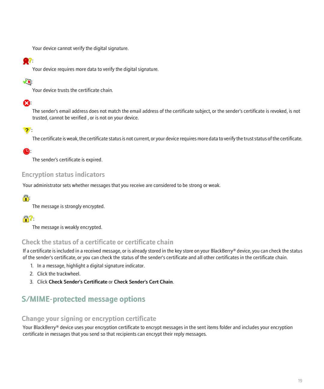 Blackberry 8700 Series manual MIME-protected message options, Encryption status indicators 