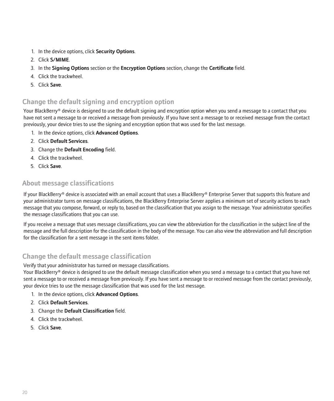 Blackberry 8700 Series manual Change the default signing and encryption option, About message classifications 
