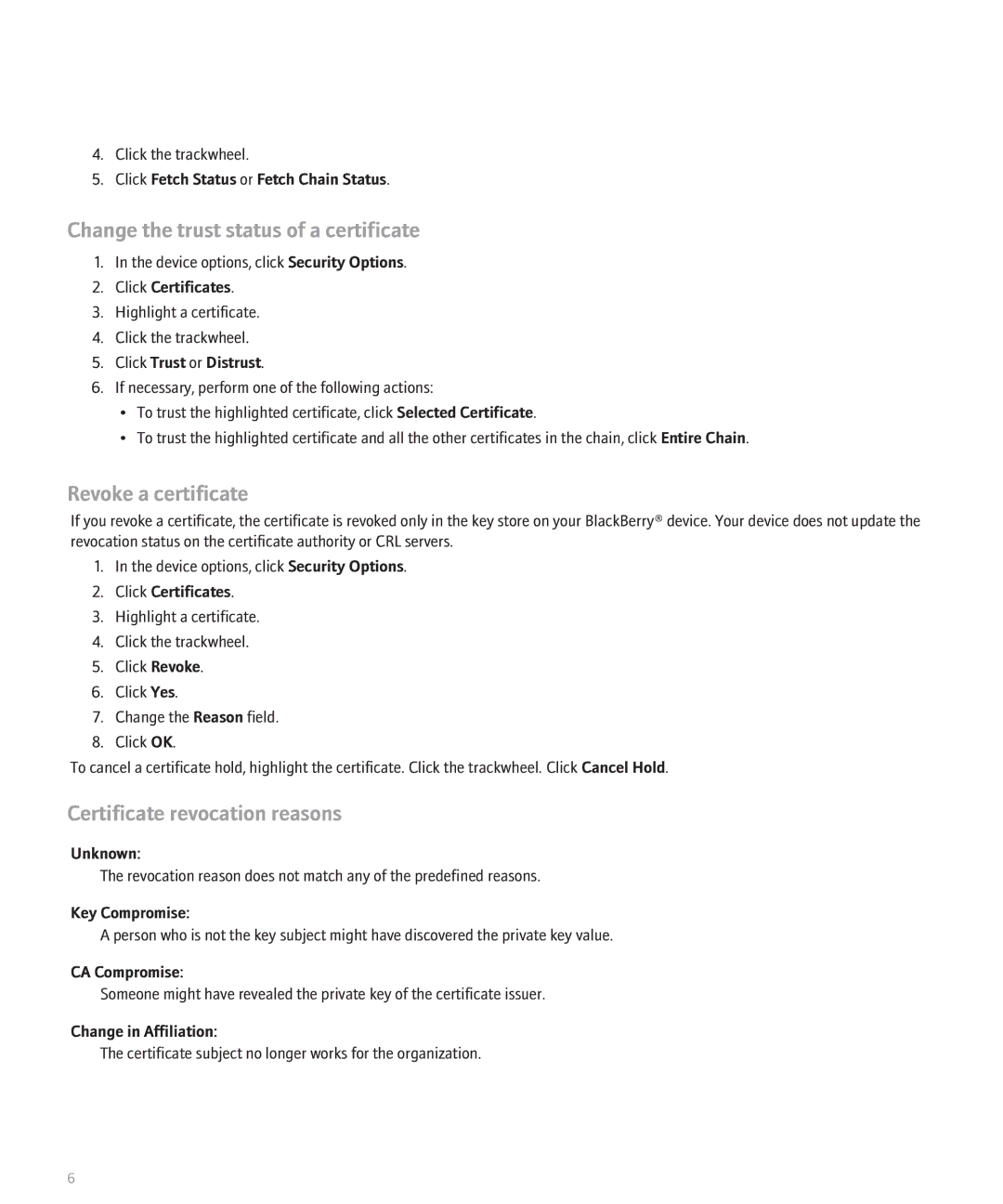 Blackberry 8700 Series Change the trust status of a certificate, Revoke a certificate, Certificate revocation reasons 