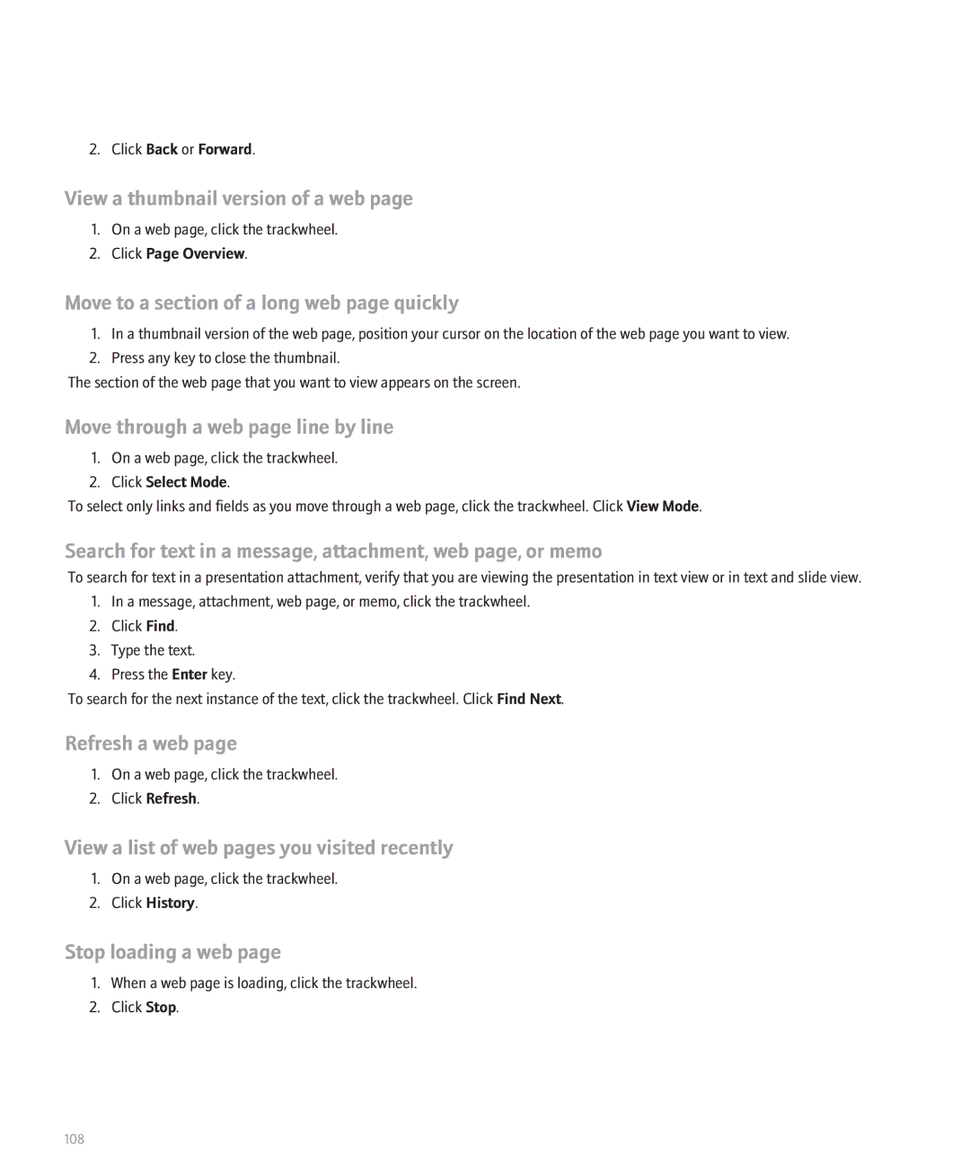 Blackberry 8700 manual View a thumbnail version of a web, Move to a section of a long web page quickly, Refresh a web 