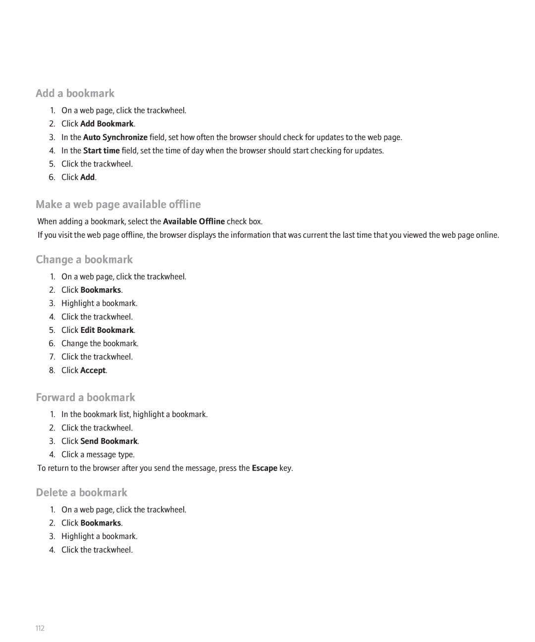 Blackberry 8700 manual Add a bookmark, Make a web page available offline, Change a bookmark, Forward a bookmark 