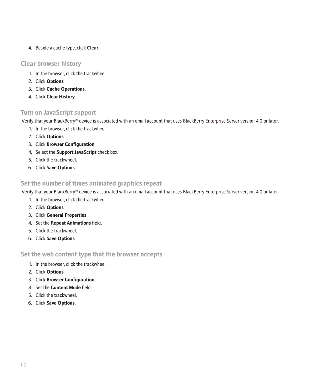 Blackberry 8700 manual Clear browser history, Turn on JavaScript support, Set the number of times animated graphics repeat 