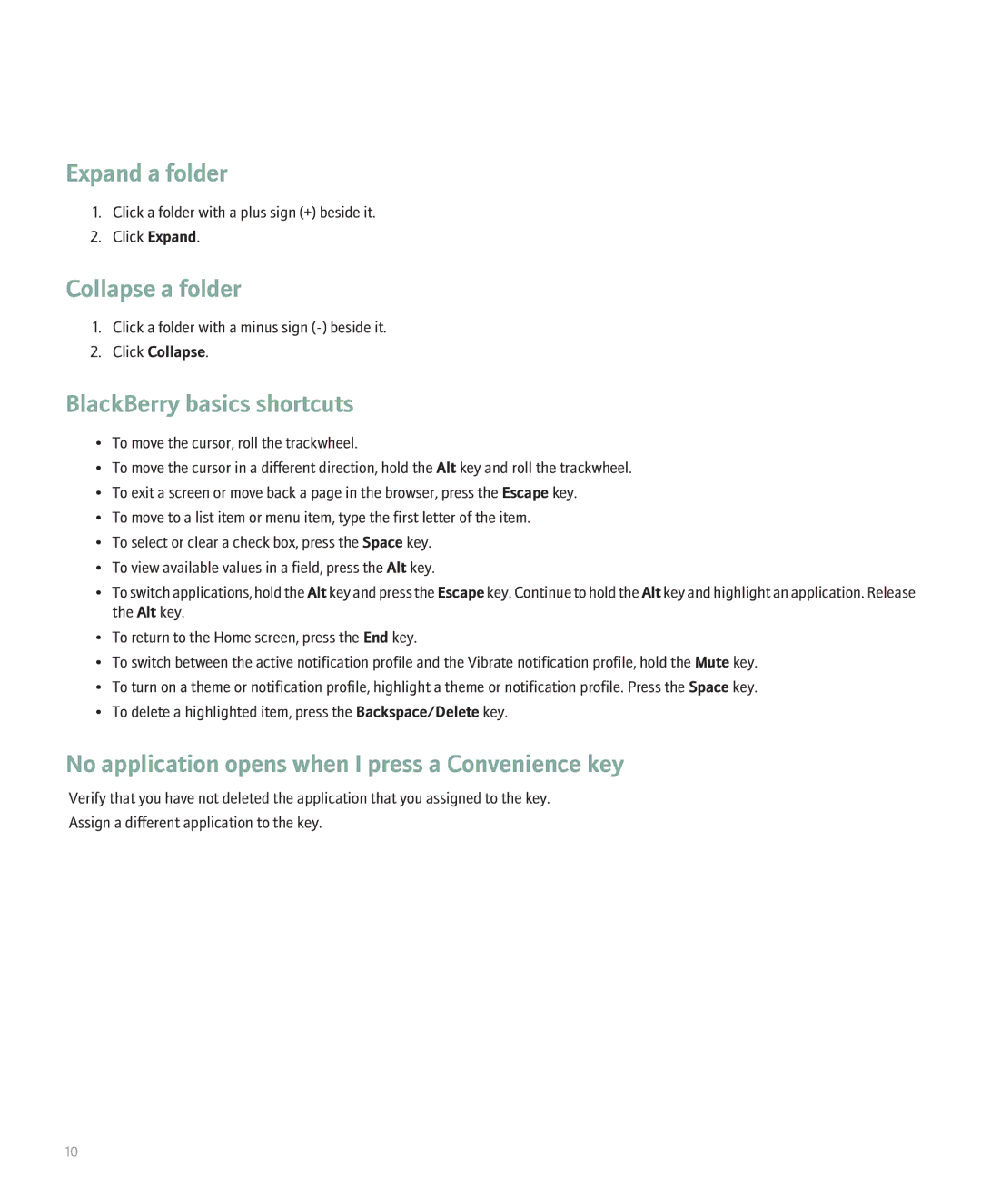 Blackberry 8700 manual Expand a folder, Collapse a folder, BlackBerry basics shortcuts, Click Collapse 