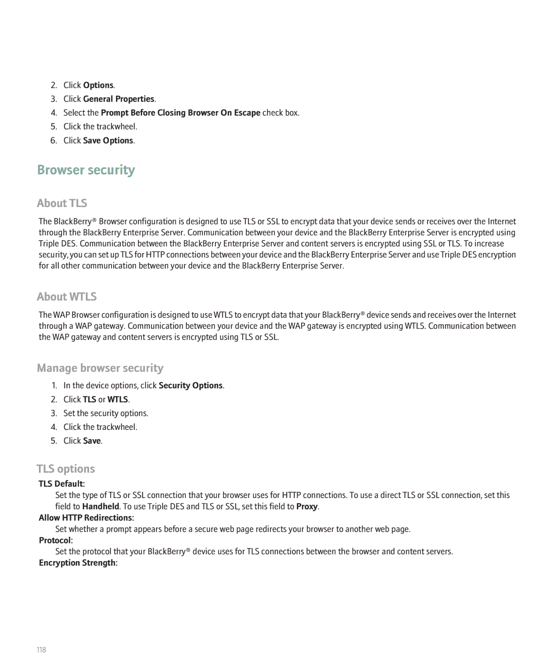 Blackberry 8700 manual Browser security, About TLS, About Wtls, Manage browser security, TLS options 