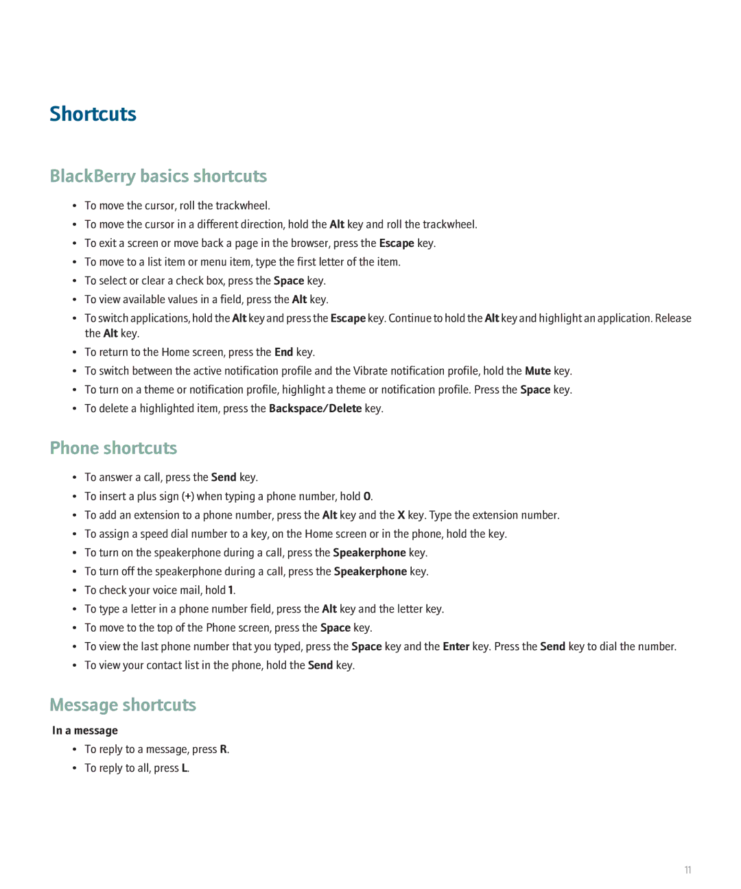 Blackberry 8700 manual Shortcuts, Phone shortcuts, Message shortcuts, A message 