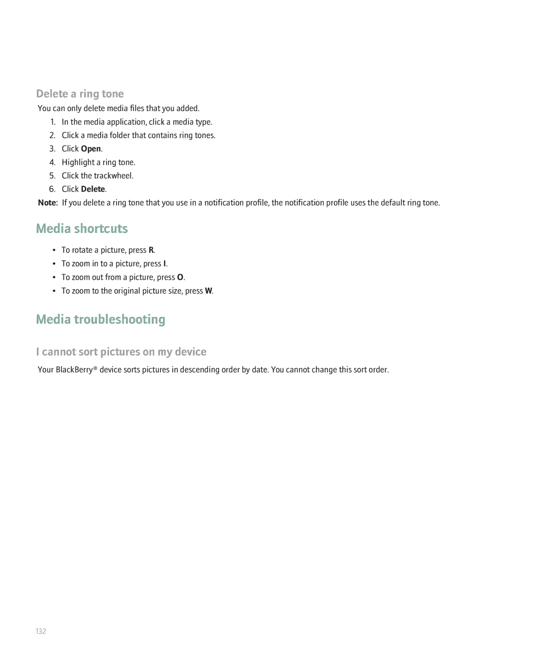 Blackberry 8700 manual Media troubleshooting, Delete a ring tone, Cannot sort pictures on my device 