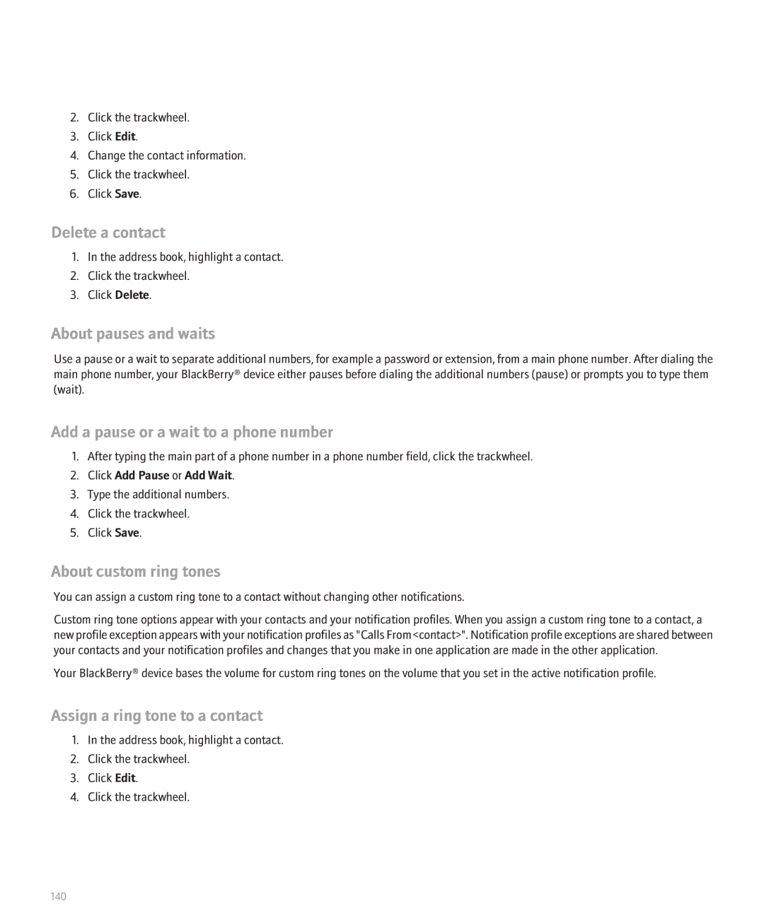 Blackberry 8700 Delete a contact, About pauses and waits, Add a pause or a wait to a phone number, About custom ring tones 