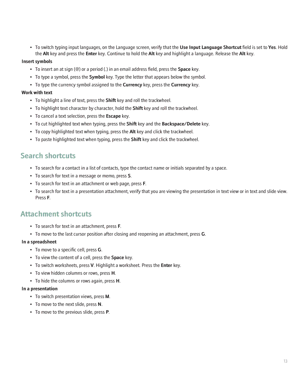 Blackberry 8700 manual Search shortcuts, Attachment shortcuts 
