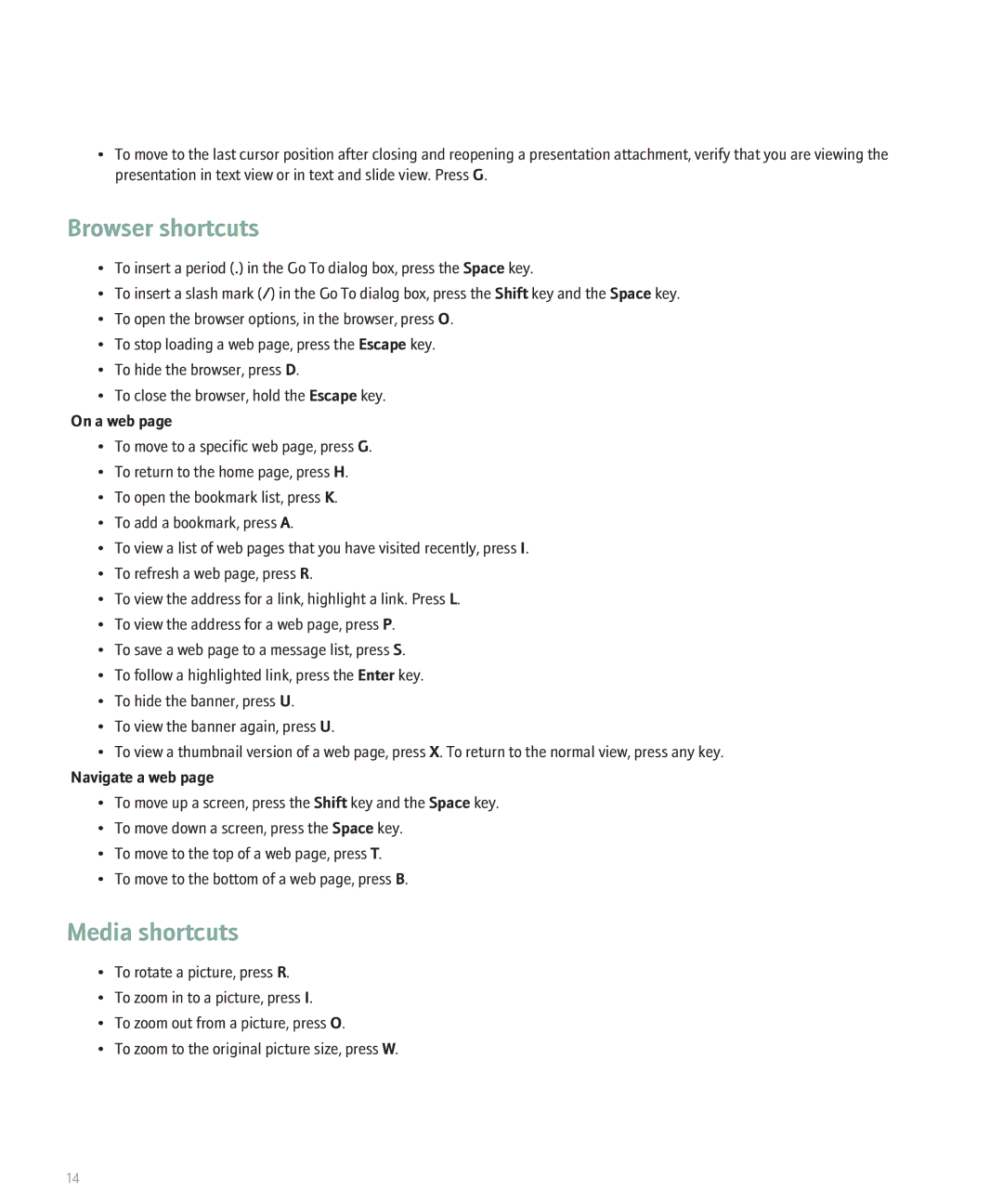 Blackberry 8700 manual Browser shortcuts, Media shortcuts, On a web, Navigate a web 