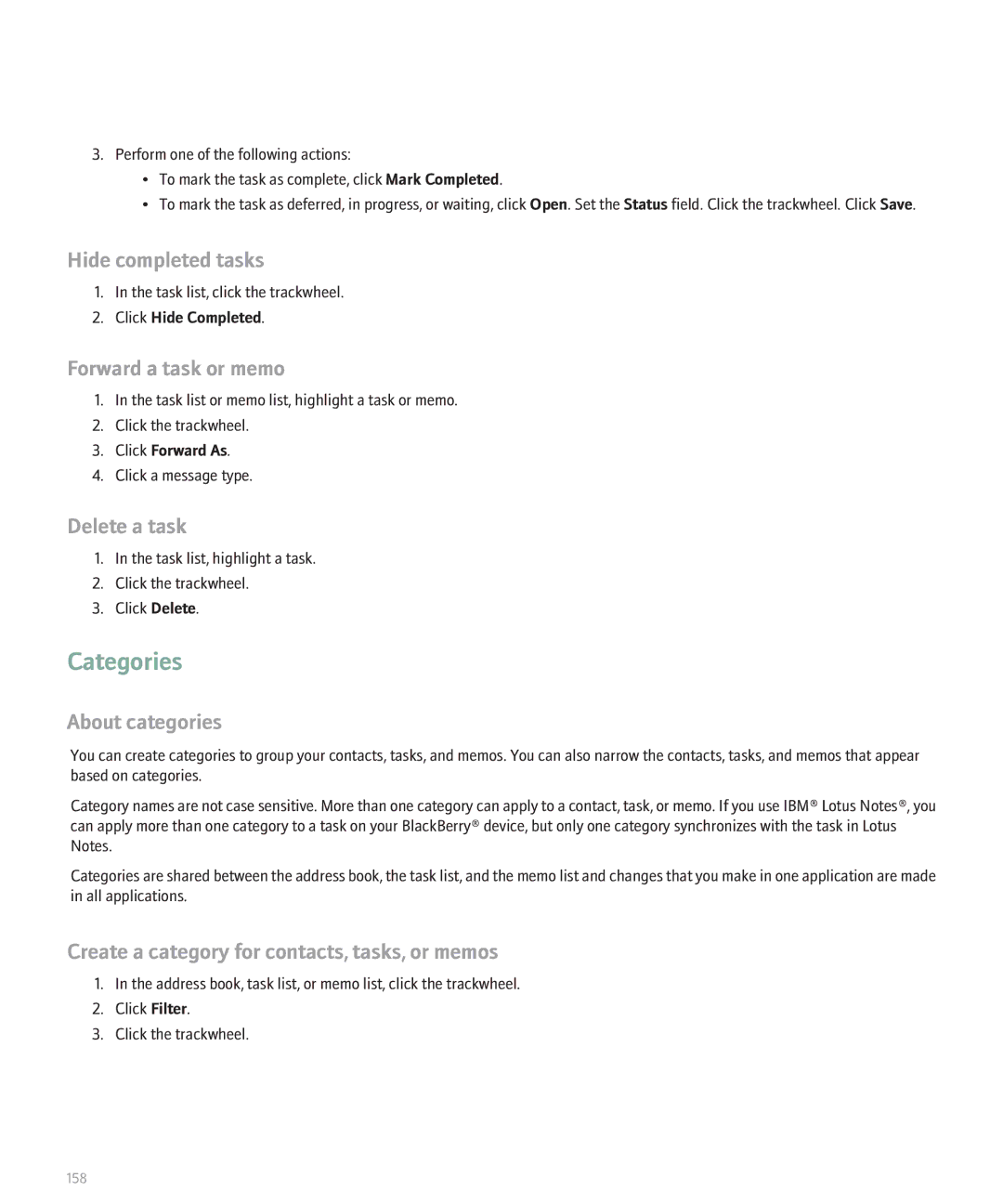 Blackberry 8700 manual Hide completed tasks, Forward a task or memo, Delete a task, Click Hide Completed, Click Forward As 