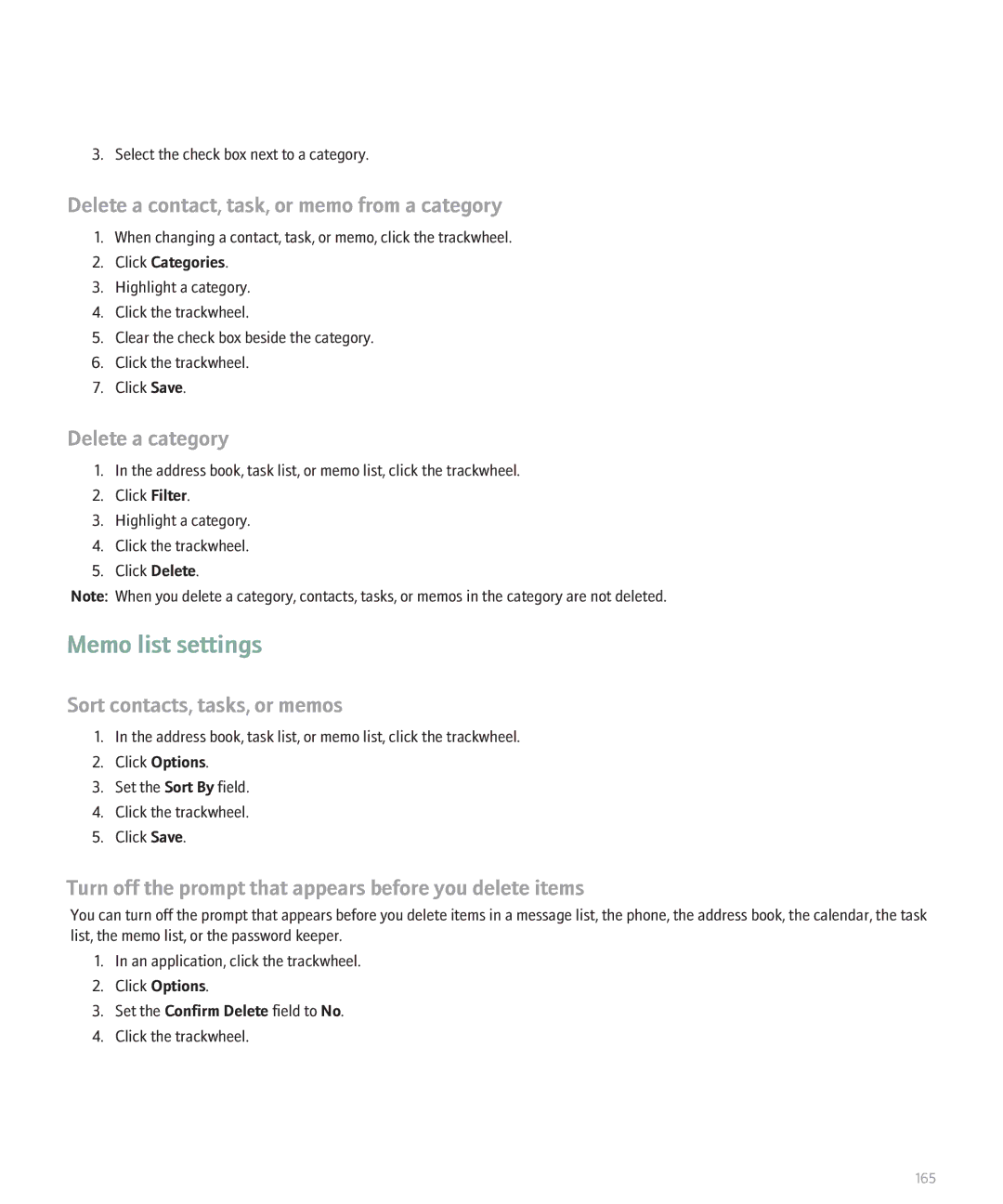 Blackberry 8700 manual Memo list settings, Delete a contact, task, or memo from a category 
