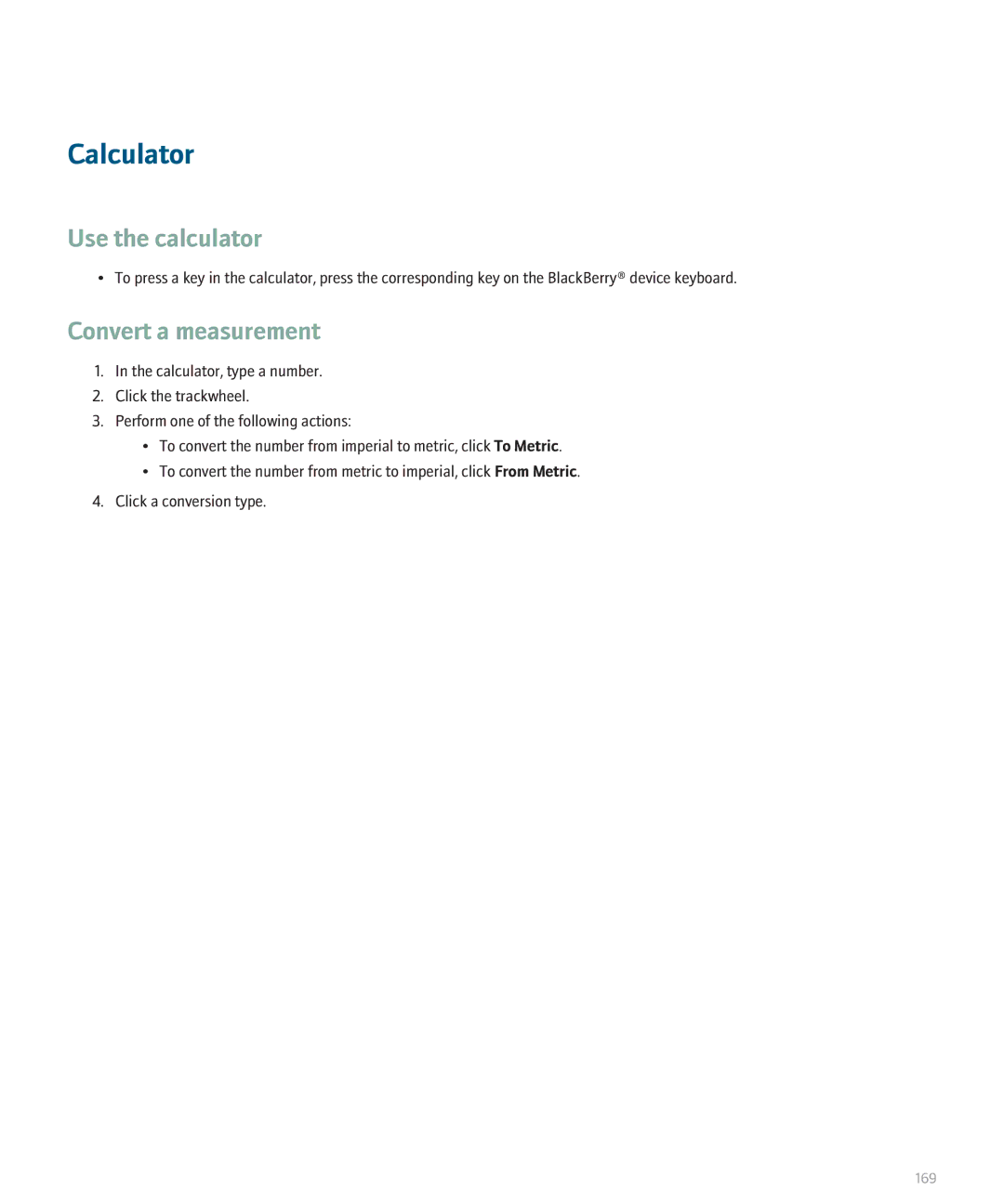 Blackberry 8700 manual Calculator, Use the calculator, Convert a measurement 