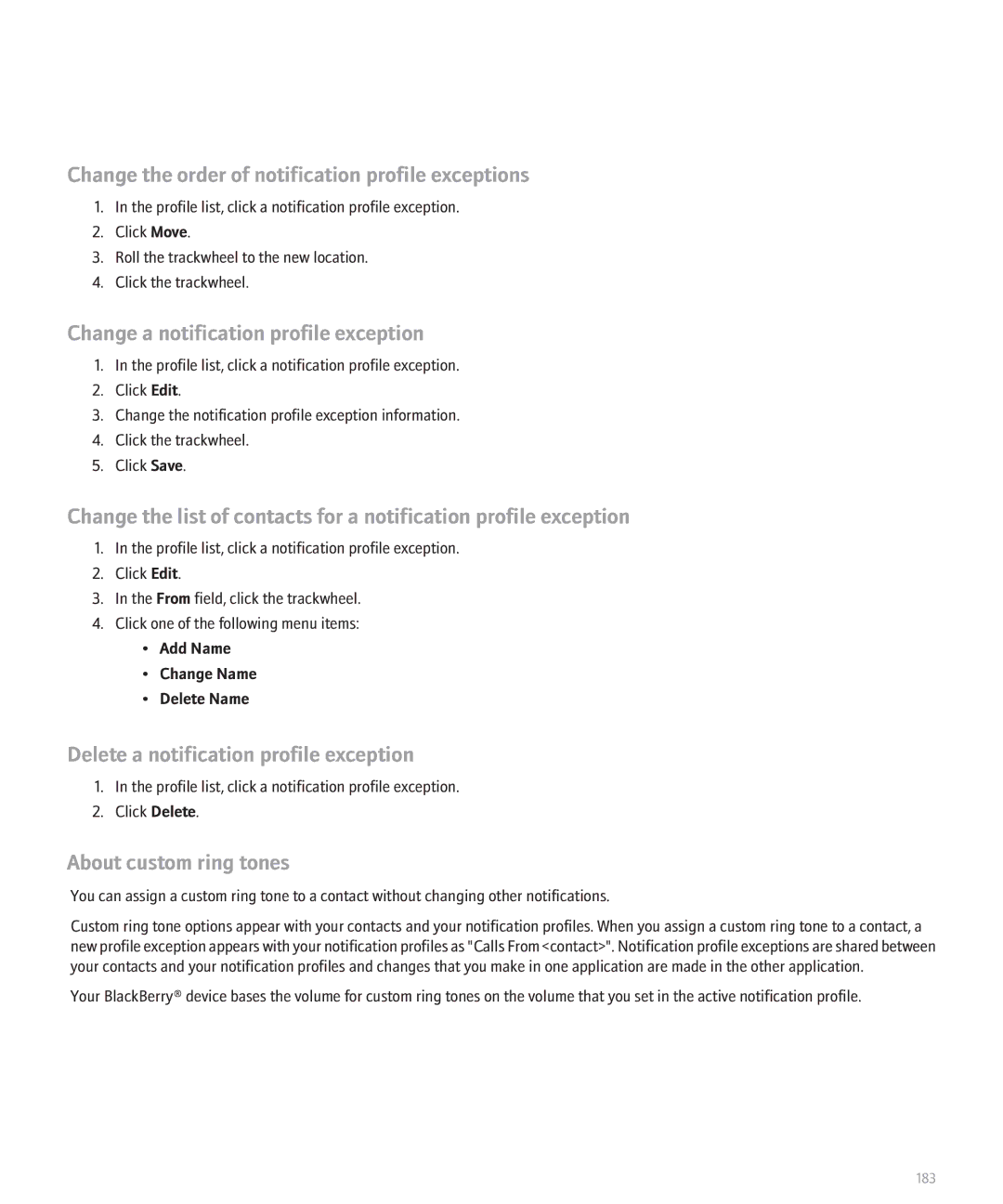 Blackberry 8700 manual Change the order of notification profile exceptions, Change a notification profile exception 