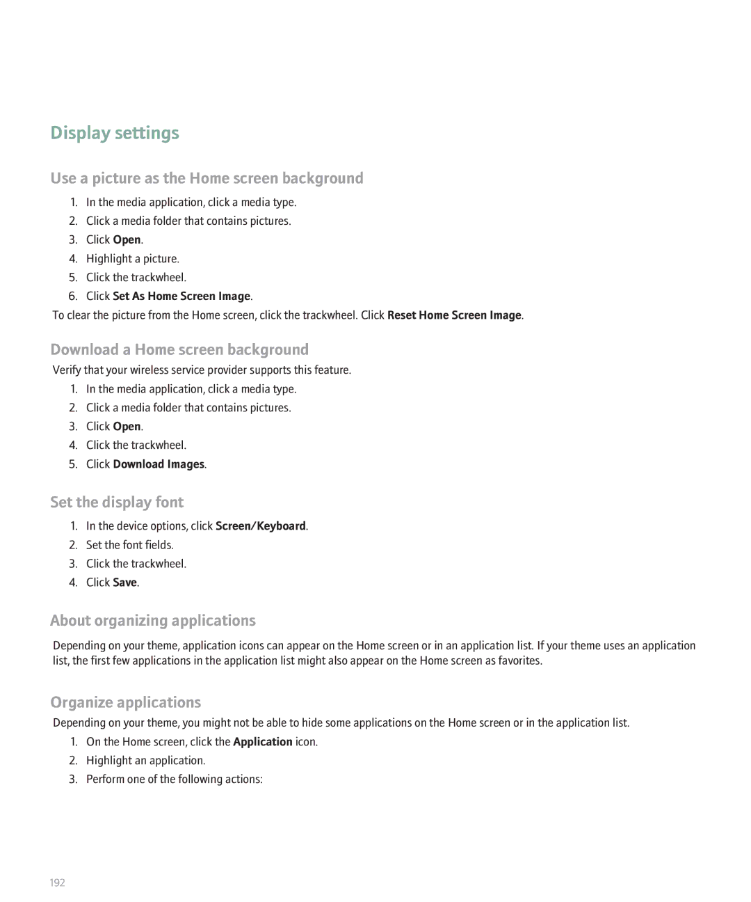 Blackberry 8700 manual Display settings, Set the display font, About organizing applications, Organize applications 