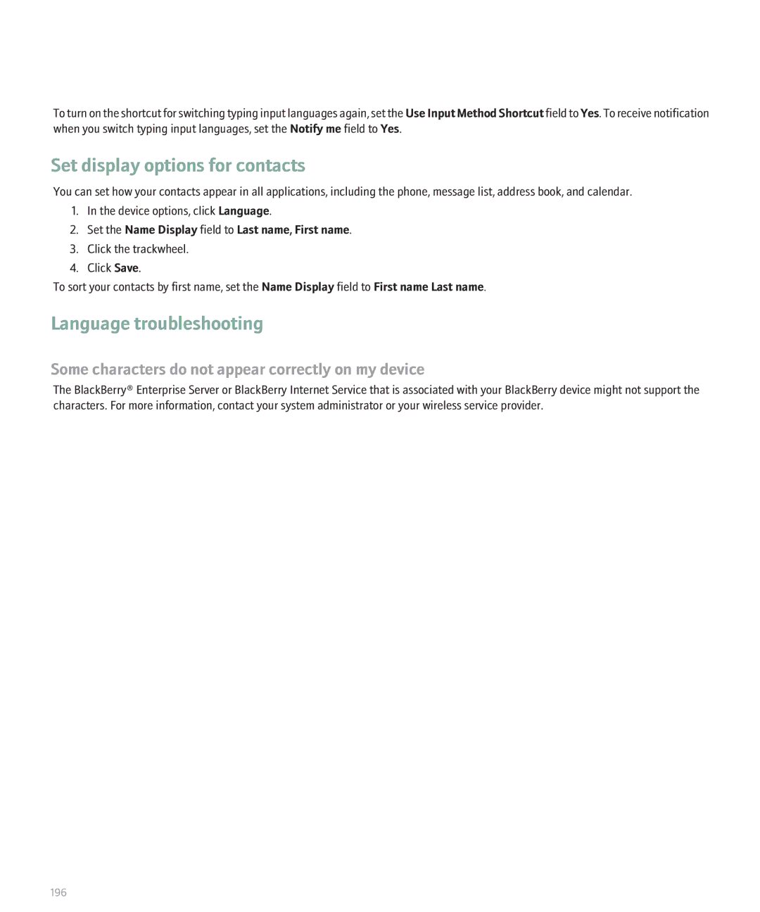 Blackberry 8700 manual Set display options for contacts, Language troubleshooting 