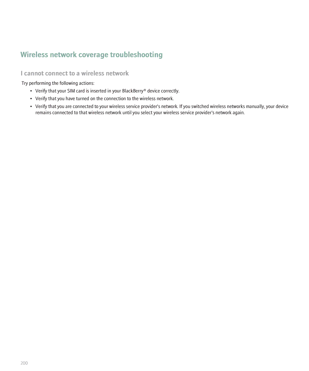 Blackberry 8700 manual Wireless network coverage troubleshooting, Cannot connect to a wireless network 