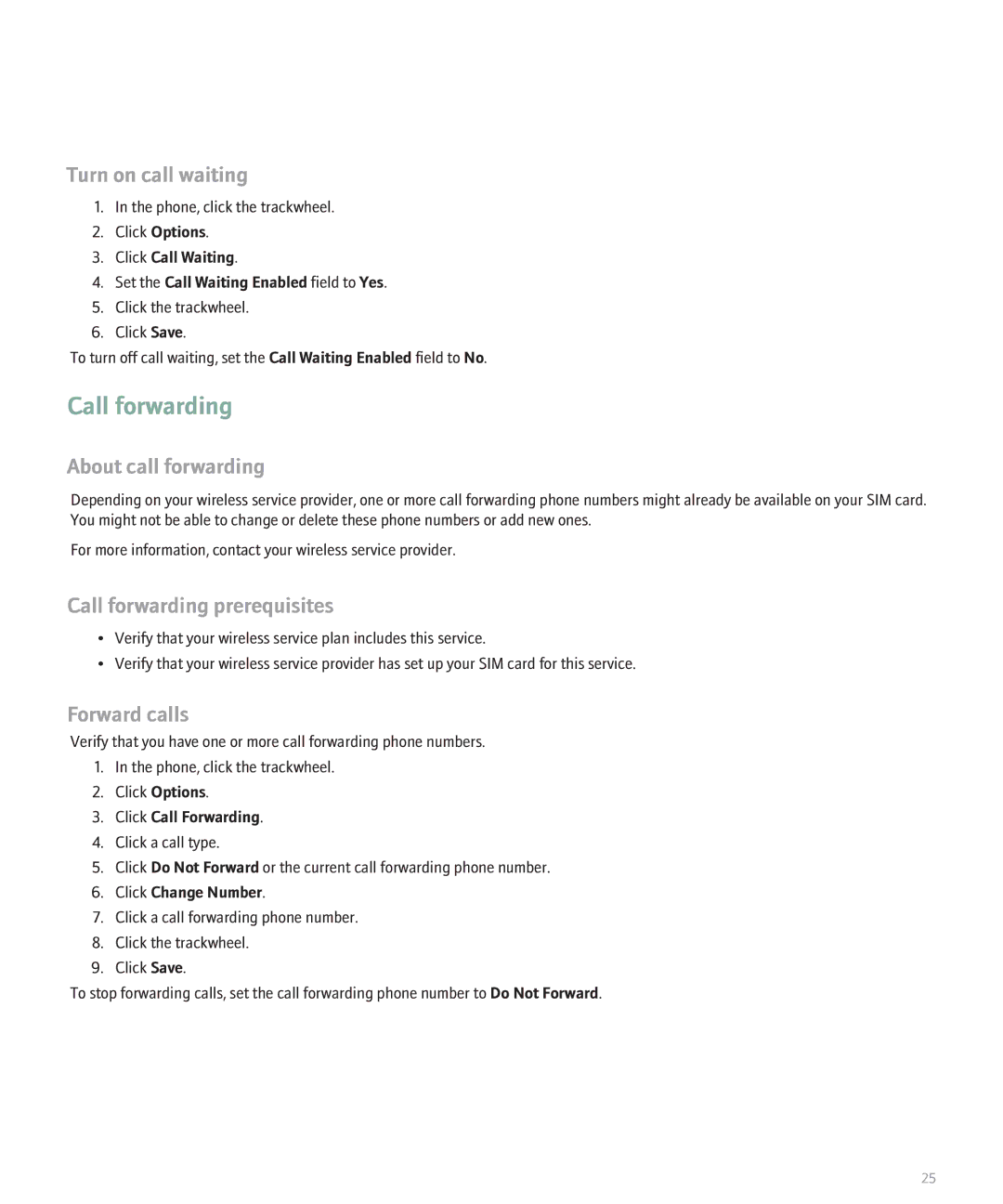 Blackberry 8700 manual Turn on call waiting, About call forwarding, Call forwarding prerequisites, Forward calls 