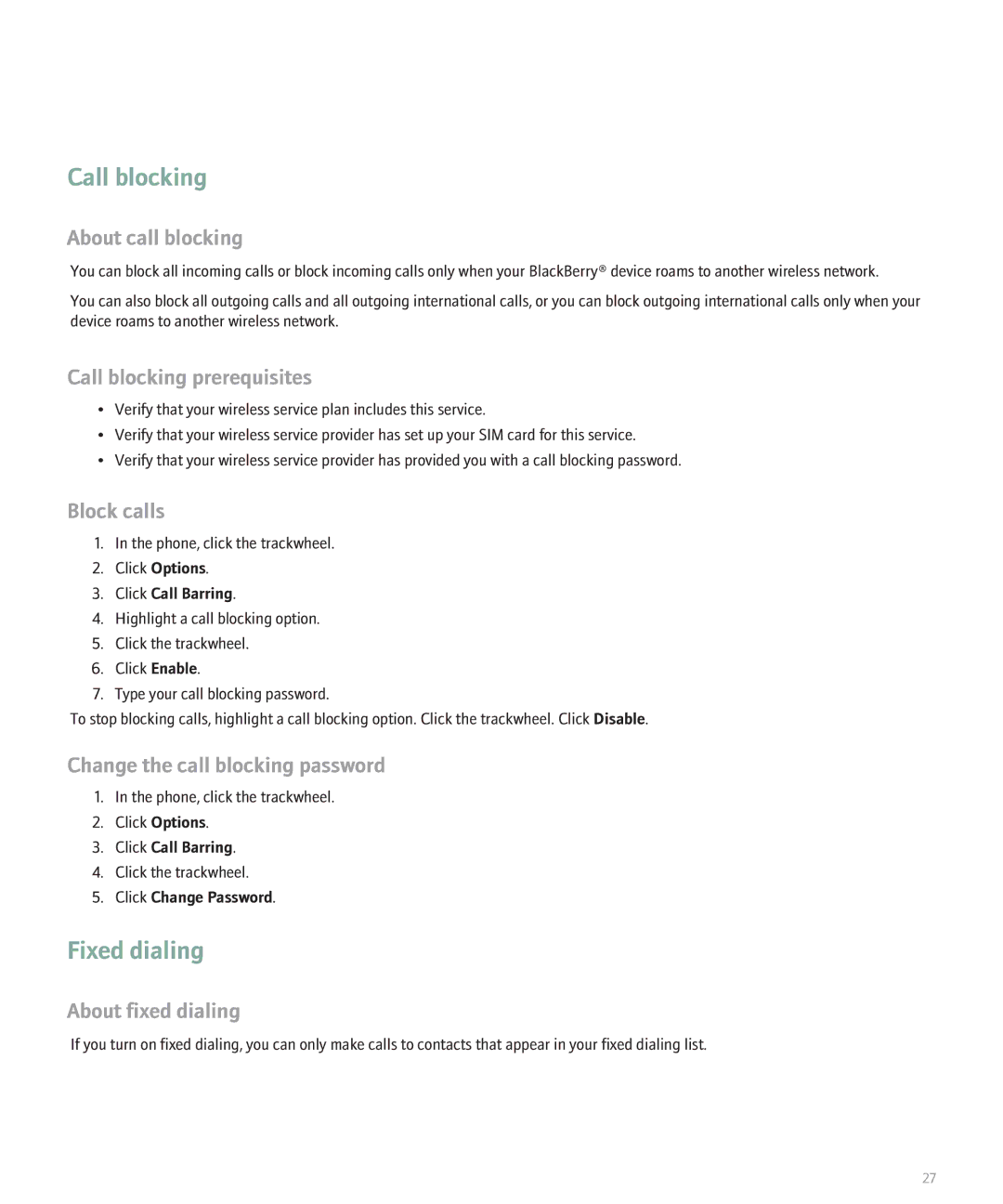 Blackberry 8700 manual Call blocking, Fixed dialing 
