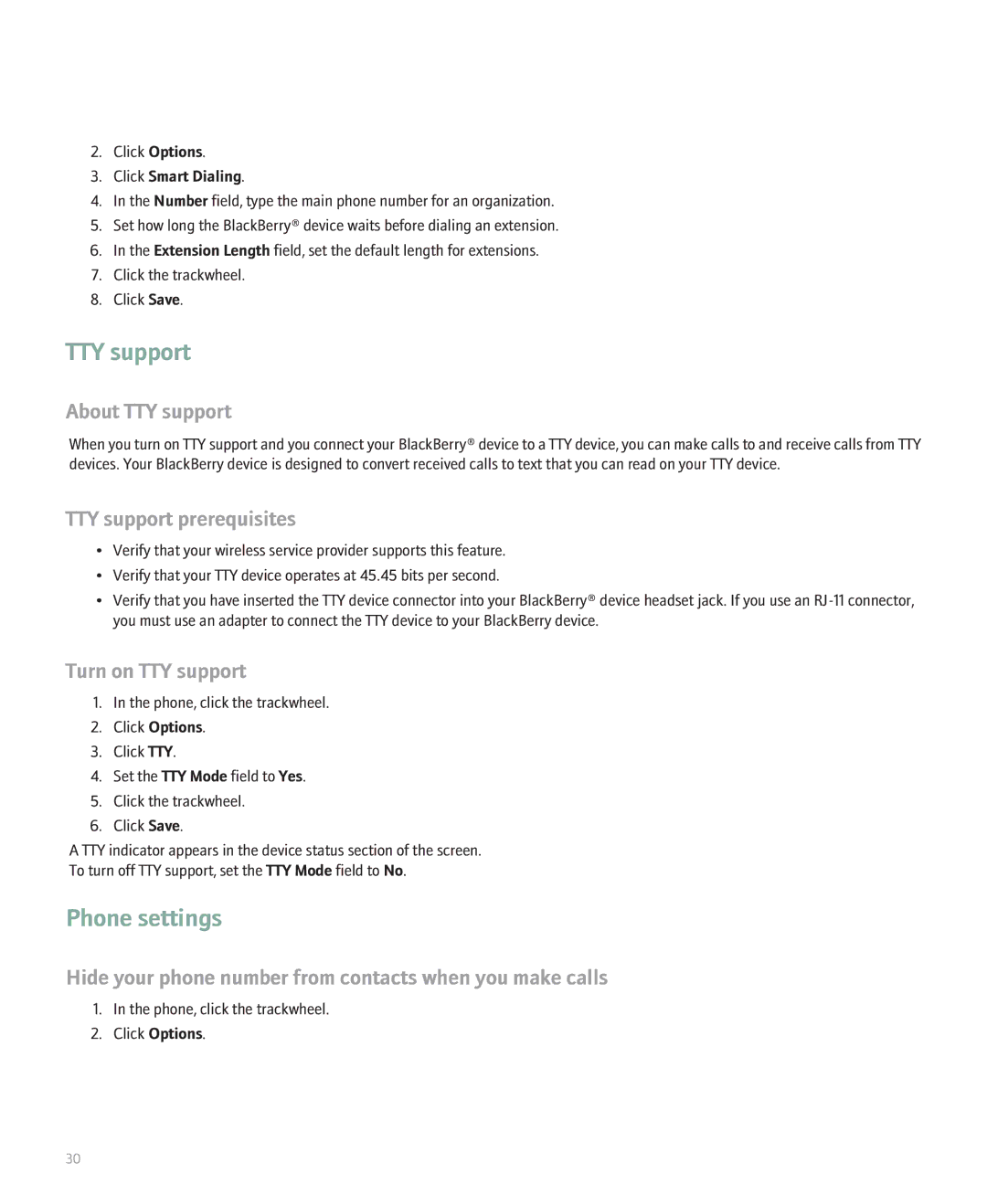 Blackberry 8700 manual TTY support, Phone settings 