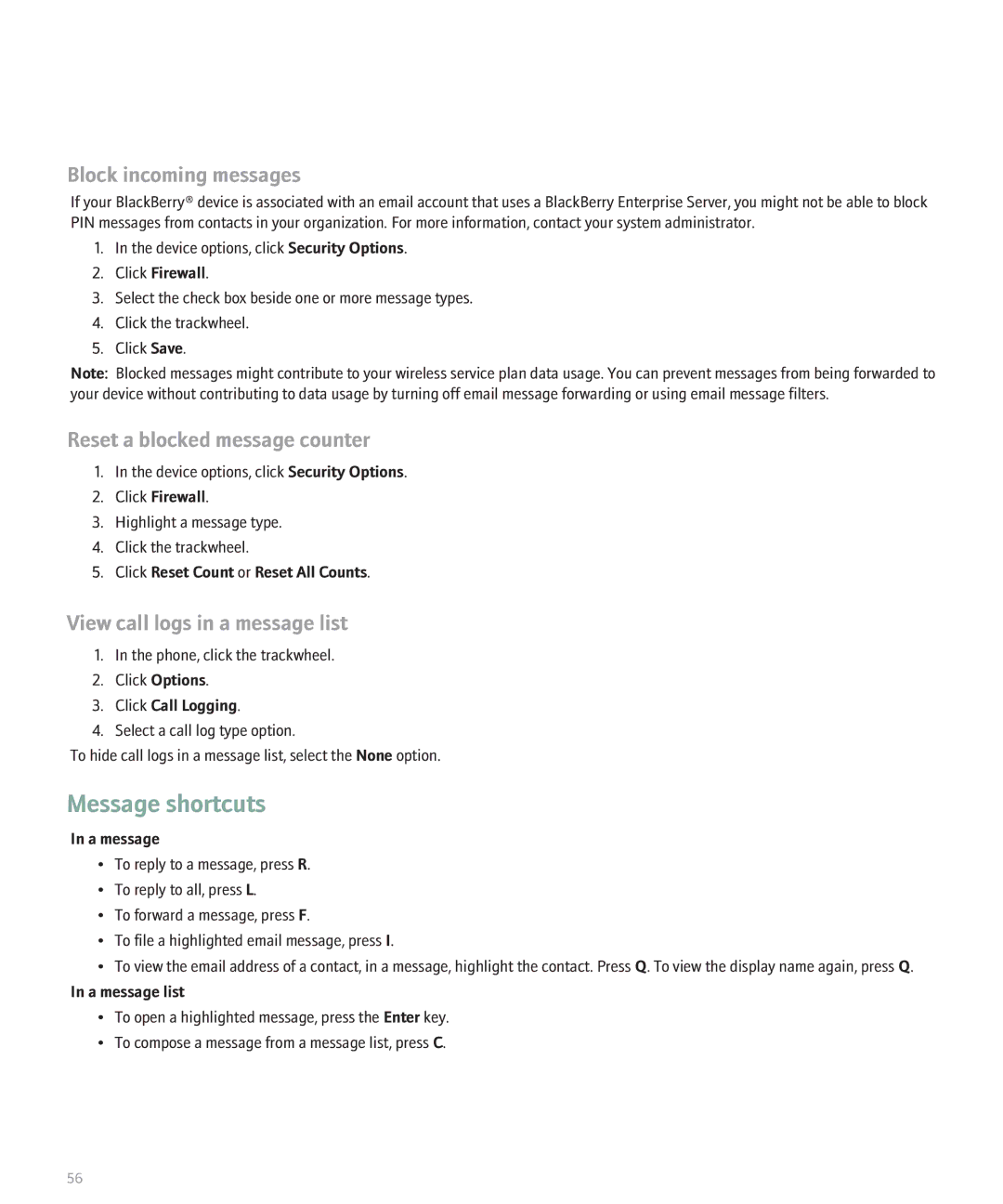 Blackberry 8700 manual Message shortcuts 