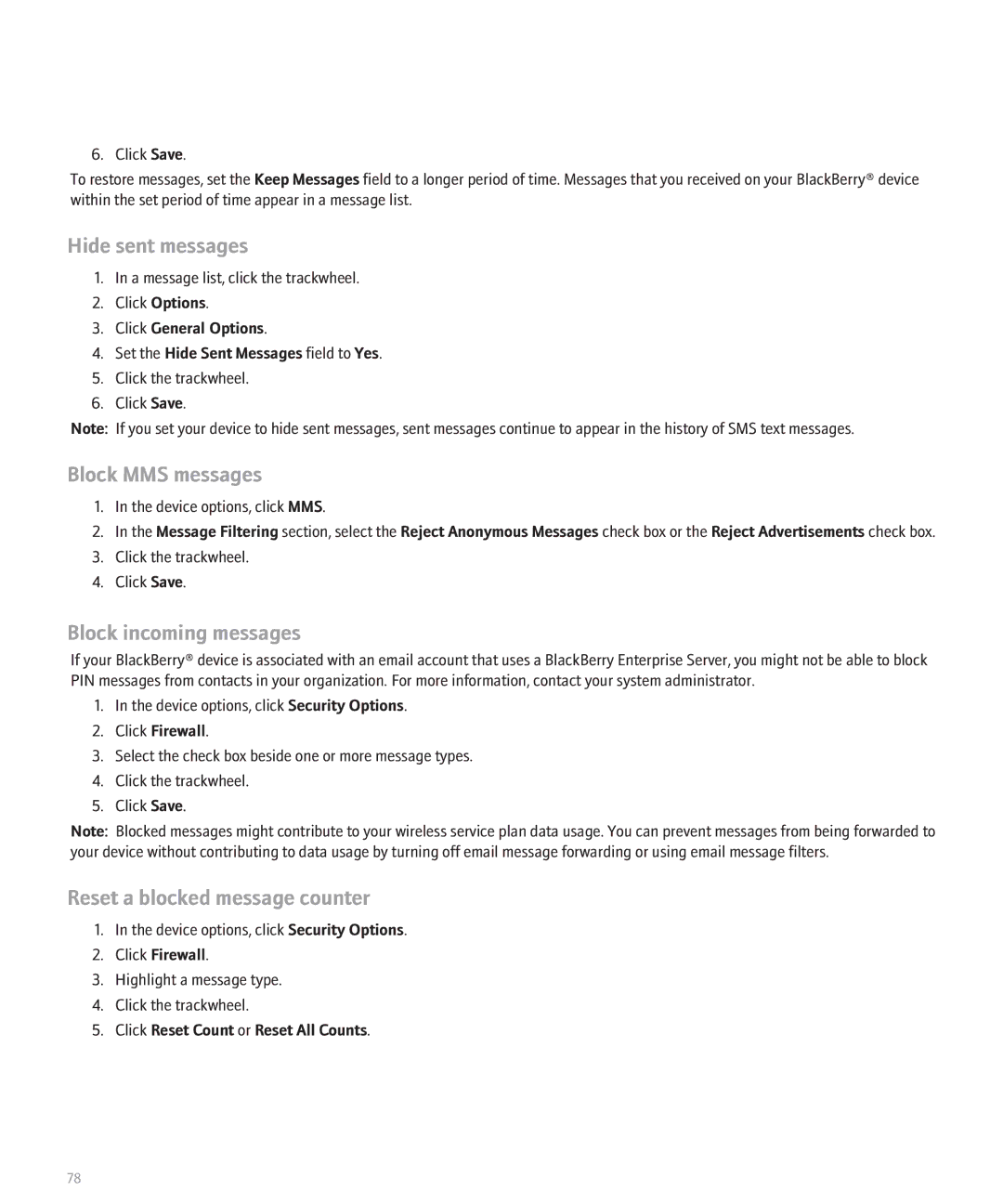 Blackberry 8700 manual Hide sent messages, Block MMS messages 
