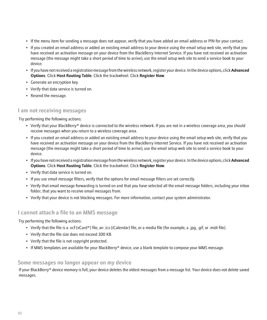 Blackberry 8700 manual Am not receiving messages, Cannot attach a file to an MMS message 